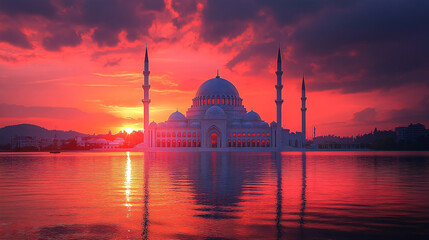 Fototapeta premium A majestic mosque with towering minarets is silhouetted against a fiery red sunset, its reflection shimmering on the calm waters below