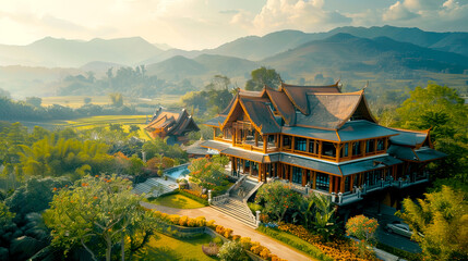 Fototapeta premium A stunning aerial view of a traditional wooden house surrounded by lush greenery and majestic mountains under a bright sky.