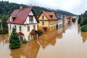 Fototapeta premium Flooded houses surrounded by water, illustrating the impact of natural disasters on communities.