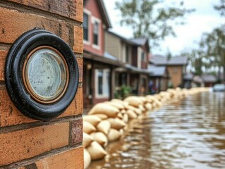 Naklejka premium Flooded street with sandbags and water, showcasing impact on community infrastructure.