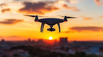 Drone Flying at Sunset Over City Skyline