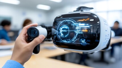 Futuristic Technology  VR Headset with Data Display in Office