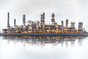 Obraz premium Industrial facility skyline at dusk with illuminated structures and reflection on water.