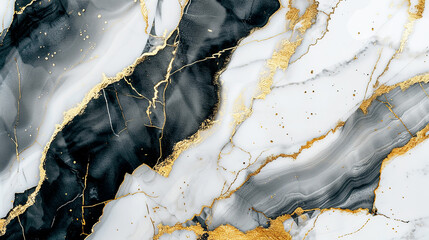 Elegant marble texture featuring black, white, and gold veins, ideal for backgrounds, wallpapers, and upscale design.