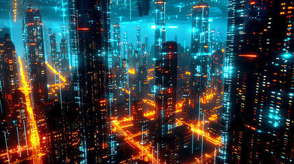 Obraz premium Futuristic cyberpunk cityscape with neon lights, high-rise buildings, and glowing streets. Sci-fi themed urban skyline at night.