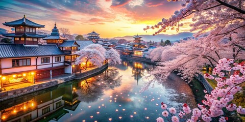 Obraz premium Cherry Blossom Landscape in Japan: Stunning Double Exposure Photography for Spring Inspiration