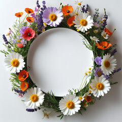 Obraz premium A vibrant, circular picture frame with a floral border, featuring colorful wildflowers such as daisies, lavender, and poppies