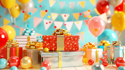 Colorful Party Scene with Gift Boxes and Balloons