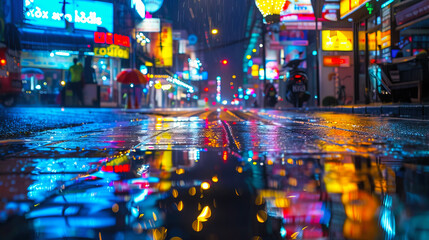 Obraz premium Reflection colorful night lights on road Walking Street Pattaya after the rain. store signs