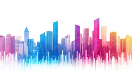 Fototapeta premium A vibrant city skyline illustration with skyscrapers featuring colorful gradients in pink, blue, and purple tones.