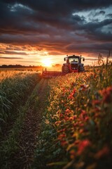 Fototapeta premium Tractor working in a vibrant field during sunset, surrounded by blooming flowers and dramatic clouds.