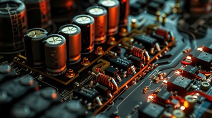 Close-up of a Circuit Board with Capacitors and Components