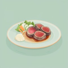 Illustrations Grilled Japanese Beef Tenderloin Steak with Teriyaki Sauce and Mashed Potatoes at Sushi Restaurant Generative AI
