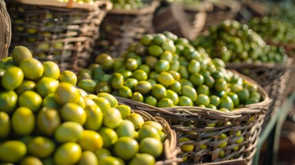 Fresh Green Olives in Baskets: A vibrant display of green olives, piled high in wicker baskets, bathed in the warm glow of sunlight, evoking a sense of abundance and freshness.
