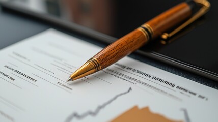 Fototapeta premium A wooden pen rests on a financial document displaying a rising graph, highlighting business analysis and decision-making.