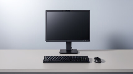 A sleek, minimalist computer setup featuring a monitor, keyboard, and mouse on a clean surface against a subtle background.
