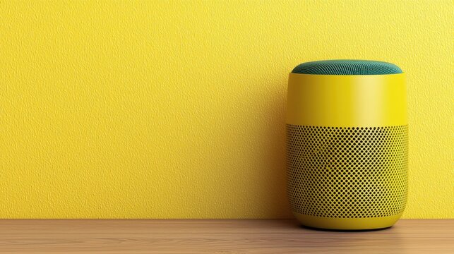 A colorful smart speaker sits on a wooden surface against a vibrant yellow wall, showcasing modern design and technology.