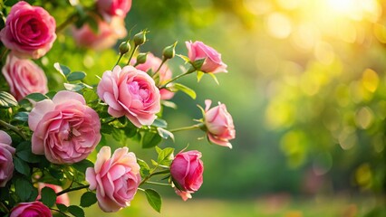 Closeup of Rose Bush Branches with Vibrant Flowers Swaying in the Wind for Stunning Nature Photography
