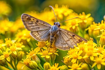 Obraz premium Closeup of Tiny Field Bindweed Moth on Yellow Eastern Groundsel Flower with Tyta Luctuosa Butterfly, Nature's Beauty in