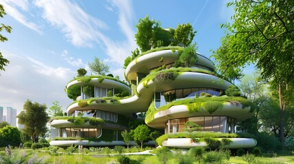 Futuristic Eco-Friendly Building with Lush Greenery