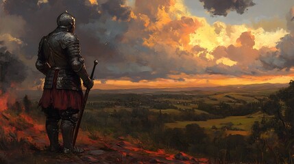 Naklejka premium Resolute Medieval Knight Surveying Battle Scarred Landscape at Sunset