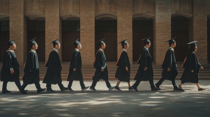 Obraz premium Graduates in Black Robes Walking in a Row Outside a Brick Building
