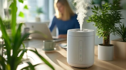 A white humidifier on a wooden table in a home office with a woman working on a laptop in the background.