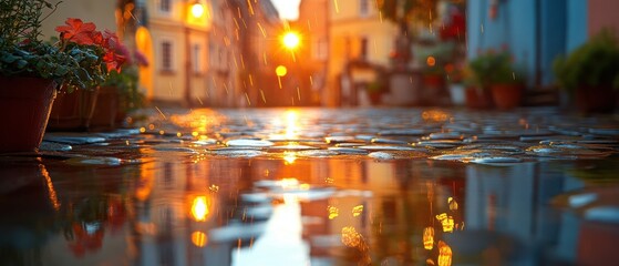 Obraz premium Glistening Reflections on Rain-soaked Cobblestones, a dreamy interplay of light and texture, evoking a serene, atmospheric experience