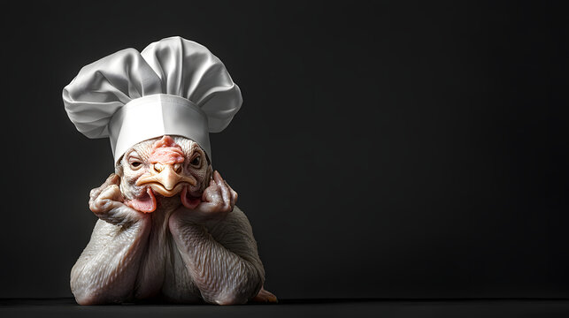 Huhn mit Kochm&uuml;tze in nachdenklicher Pose