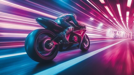 Obraz premium Futuristic Motorcycle Speeding Through Neon Lit City Landscape