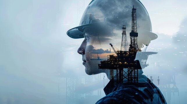 Oil Rig Worker Silhouetted Against a Platform