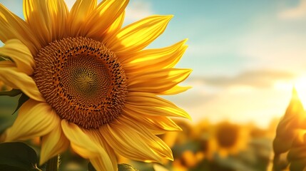 Magnificent Golden Sunflower Illuminated by Warm Natural Light Against Boundless Azure Countryside Sky