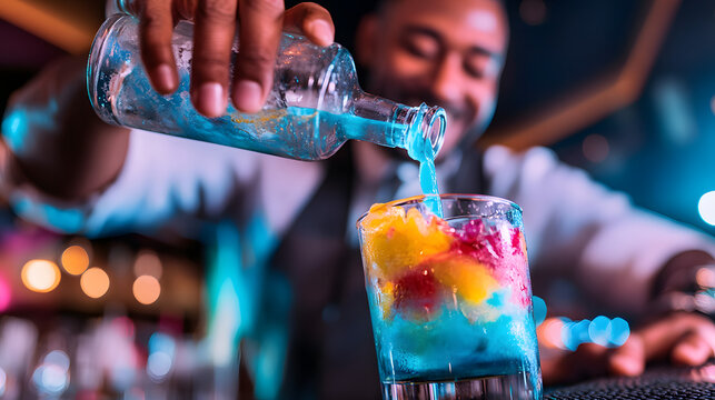 Barkeeper mixt bunten Cocktail in stilvoller Bar