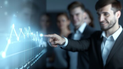 Collaborative Business Professionals Discuss Corporate Growth Strategy with Holographic Visuals