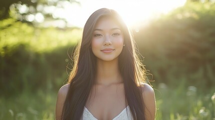 Naklejka premium A young Asian woman with long black hair smiles softly as she looks at the camera with the sun shining behind her.