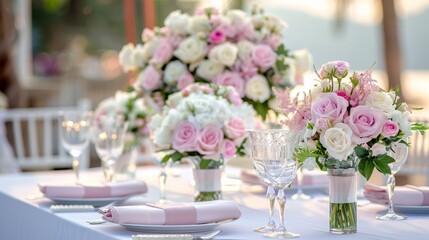 Elegant Outdoor Dinner Table Setting with Floral Centerpiece in Romantic Lighting