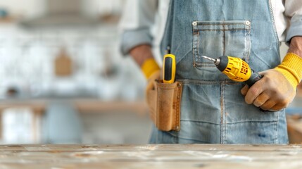 Handyman with Power Drill in Partially Renovated Kitchen Workspace