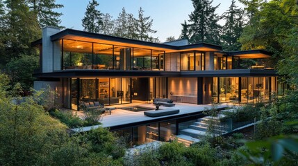 Obraz premium A modern, sleek home exterior with expansive glass walls and luxury finishes, symbolizing wealth and architectural brilliance