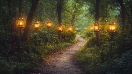 Obraz premium Enchanting Forest Pathway Illuminated by Glowing Lanterns in Warm Amber Light