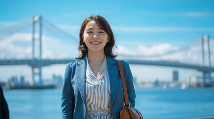 Obraz premium A young woman smiles at the camera in front of a bridge over a bay.