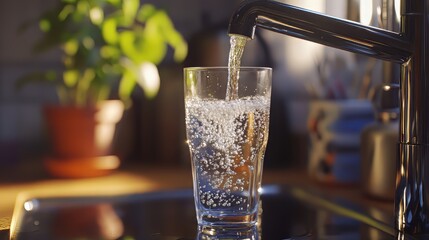 Filling up a glass with drinking water from kitchen tap. water. Ultra realistic. Photorealistic