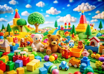 Fototapeta premium Colorful Toy Wonderland: Captivating Panoramic Photography of Playful Toys for Kids’ Imagination