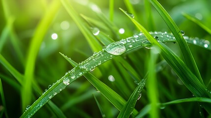 Vibrant Macro Capture of Dewy Green Grass Blades Showcasing Nature s Ephemeral Beauty
