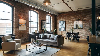 a modern loft apartment interior with exposed brick walls, industrial lighting, and modern furniture.
