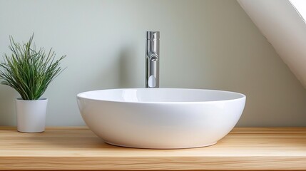 Fototapeta premium Modern bathroom sink with a sleek design, complemented by a plant for a touch of nature, set against a neutral wall.