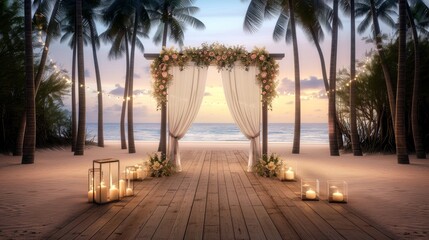 Obraz premium Stunning Tropical Boho Wedding Arch Decorated with Lush Plants and Bright Flowers in Bali Inspired Backdrop