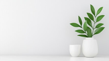 A minimalist arrangement featuring green leaves in a white pot against a clean, light background.
