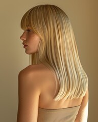 Fototapeta premium Blonde woman with sleek straight hair and bangs. Profile view of a blonde woman with sleek, straight hair and bangs, softly lit against a beige background, showcasing smooth and healthy hair.