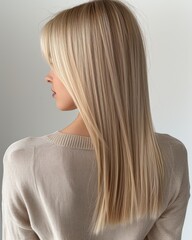 Fototapeta premium Woman with sleek straight blonde hair in profile. Profile view of a woman with sleek, straight blonde hair, showcasing a smooth and shiny hairstyle, wearing a light beige sweater.