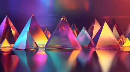 Floating pyramidal shapes arranged in an abstract pattern reflecting light